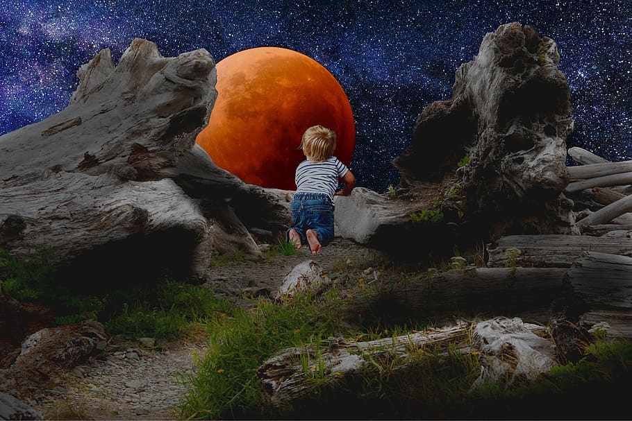 full moon, blood moon, red moon, lunar eclipse, child, boy, girl, galaxy, space, nature