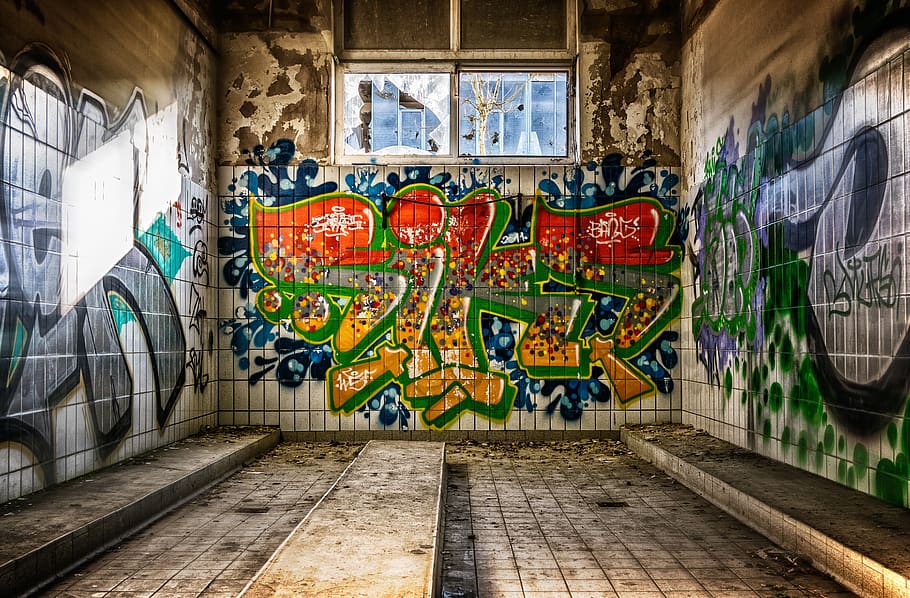 lost places, room, space, washroom, tiles, pforphoto, graffiti, underground, dilapidated, shabby