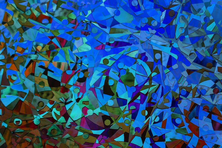 cerrar, abstracto, mosaico de vidrio, creado, piezas de vidrio, varios, formas, tamaños, Arte, Azul