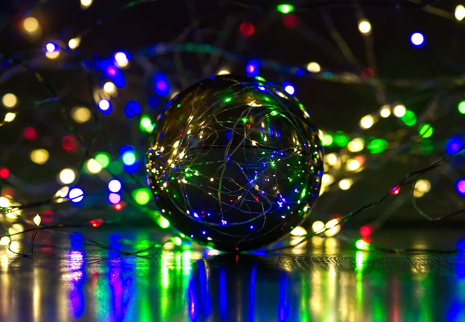 crystal ball-photography, ball, lights, colorful, magic, mirroring, sphere, reflection, multi colored, illuminated