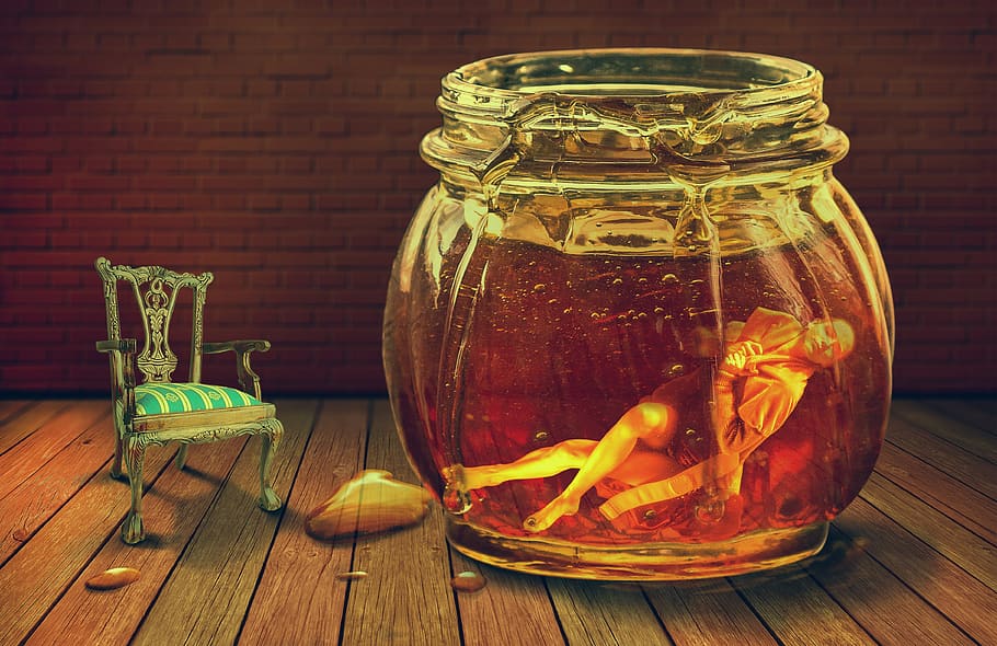honey, underwater, photomanipulation, the jar of honey, honey jar, seat, old seat, girl, woman, abstract