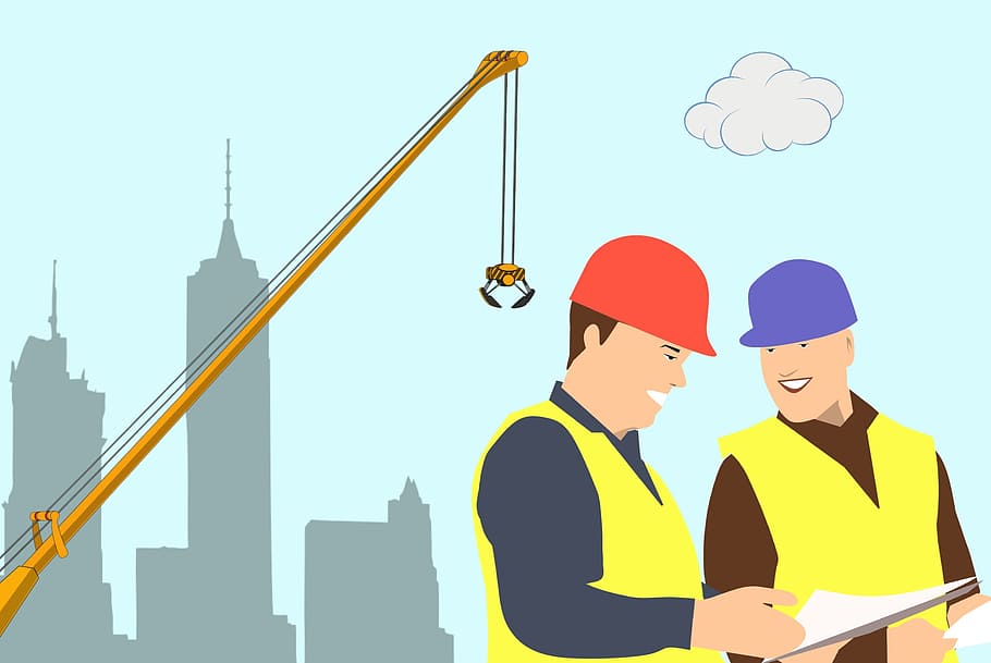 illustration, two, men, working, construction site, site., construction, site, engineer, outside