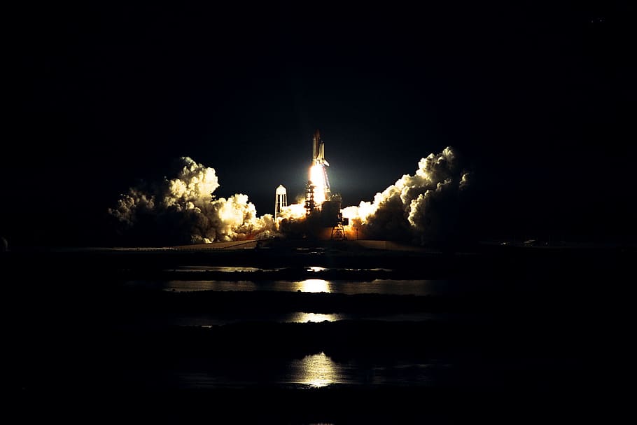atlantis, space, shuttle, launch, liftoff, transport, nasa, illuminated, water, night