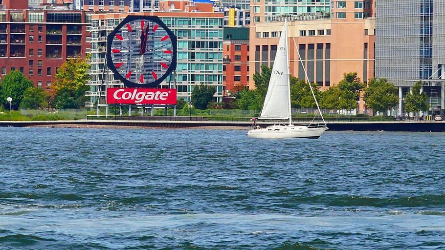 small, sailboat sails, hudson river, pass, colgate clock, jersey city, city., pictures of sailboats, sailboat pictures, boat pictures