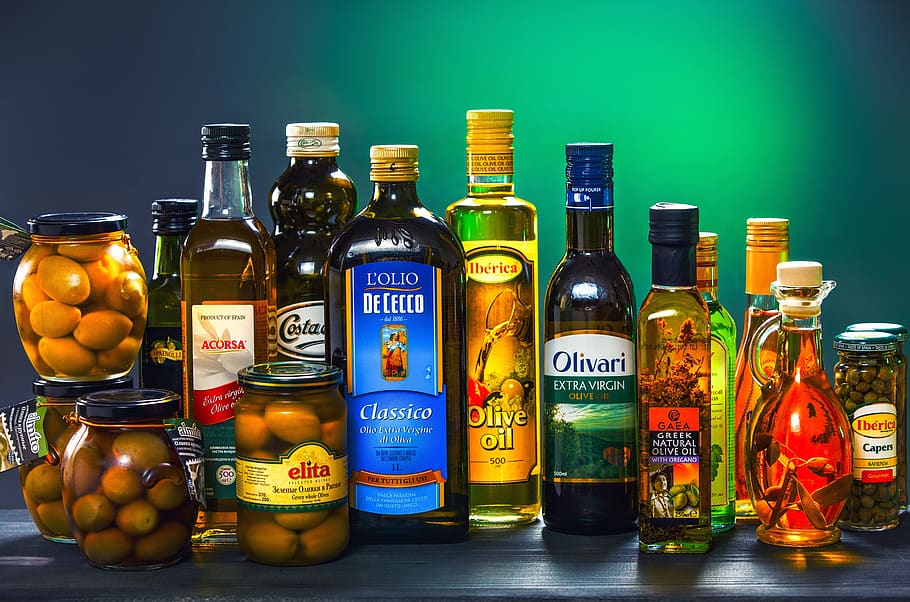 bottle, oil, olives, olive, cold, spin, large, plan, still life, vegetable