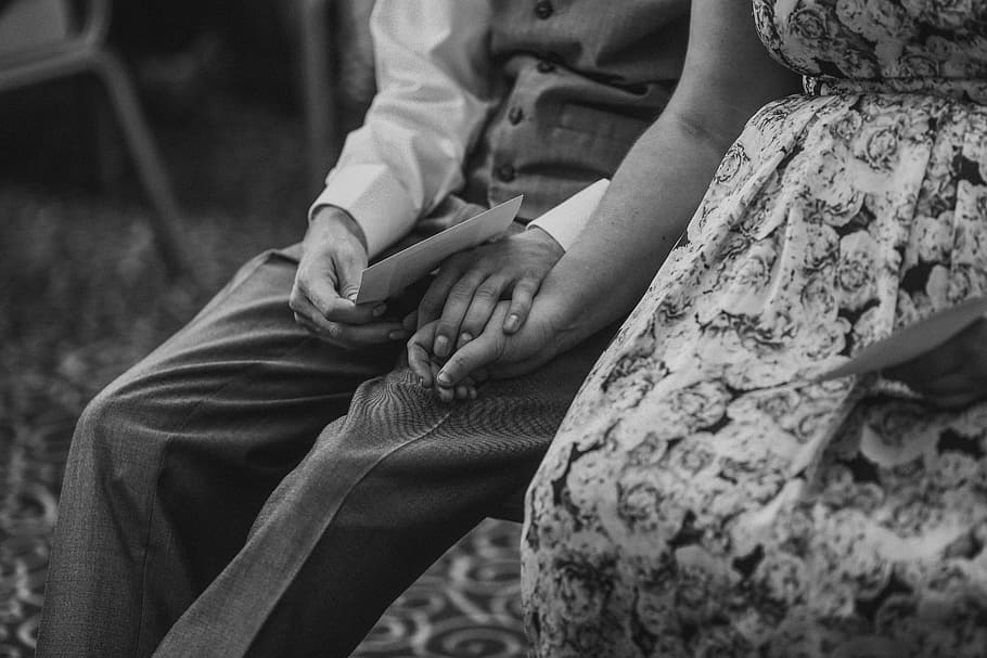 couple, marriage, love, holding hands, hands, young, black and white, summer dress, people, man