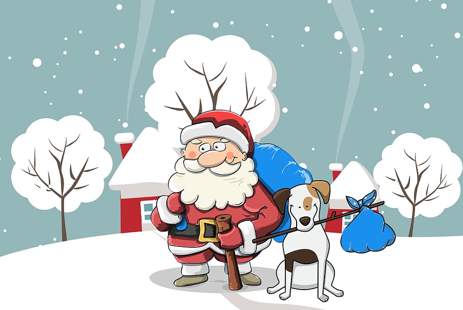 ilustração, papai noel, feliz, cão, mostrar, coberto, paisagem., natal, neve, saco