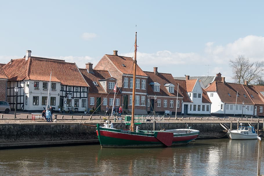 wooden ship, ship, water, å, ribe, wadden sea, houses, timber frame, old, architecture