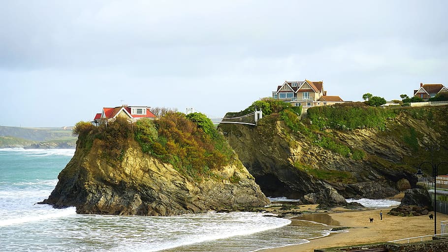 nature, elevated, cliffs, plateau, houses, water, sea, ocean, beach, architecture