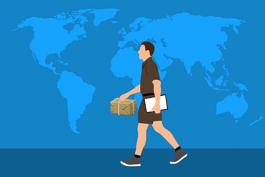 ilustrasi, pengiriman paket, di seluruh dunia, orang., pengiriman, manusia, ekspor, peta, bisnis, global