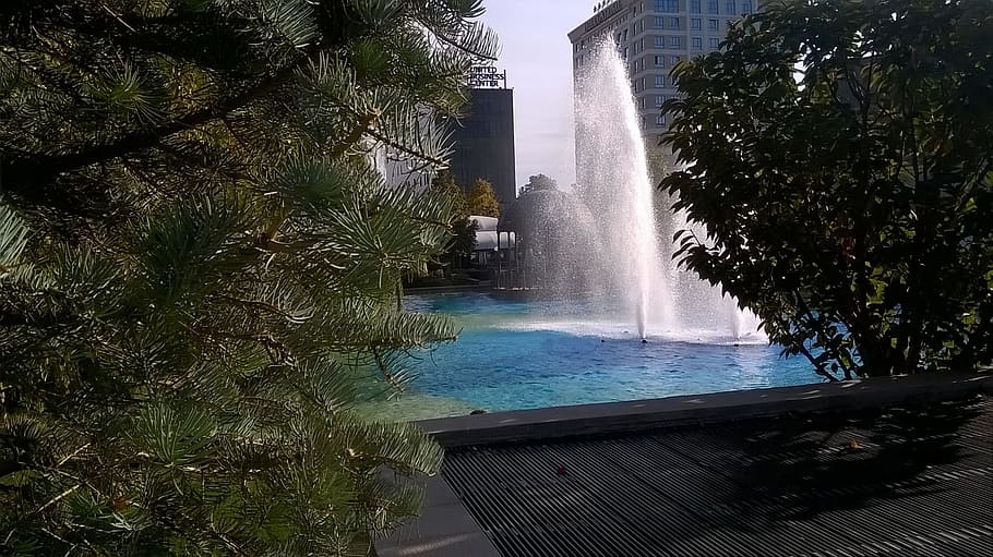 architecture, building, structure, blue, water, swimming, pool, fountain, resort, tree