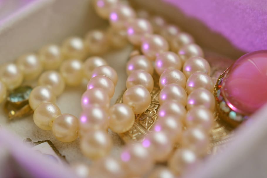 mutiara, perhiasan, kalung, manik-manik, bersinar, dekoratif, glossy, detail, percikan, merah muda