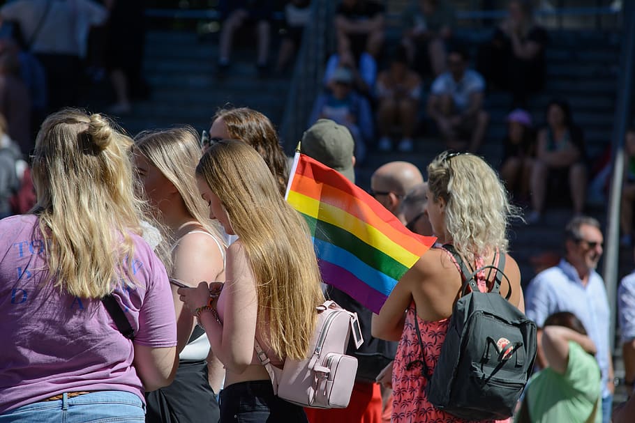 desfile, gay, les, orgullo, bandera, arcoiris, personas, símbolo, amor, lesbiana