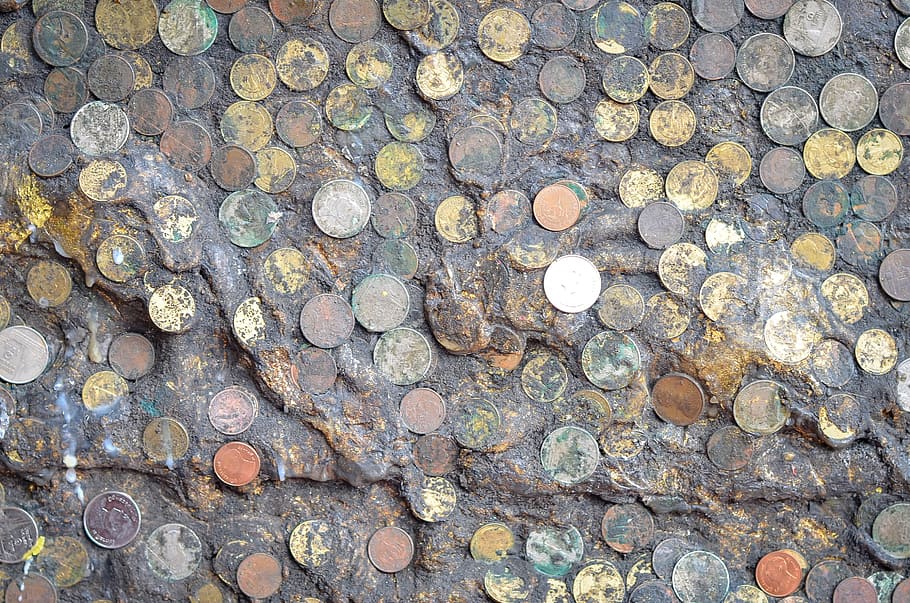 conjunto, moedas, incorporado, lama, sujeira., dinheiro, moeda, finanças, negócios, símbolo