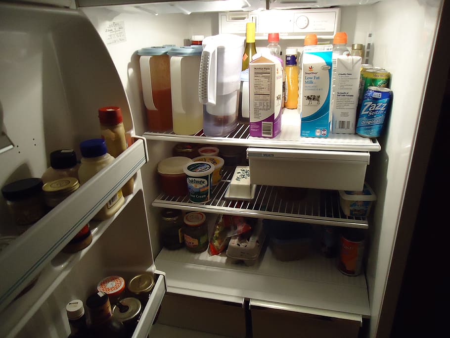 refrigerador, abierto, puerta, comida, estantes, estante, adentro, contenedor, interior, electrodoméstico