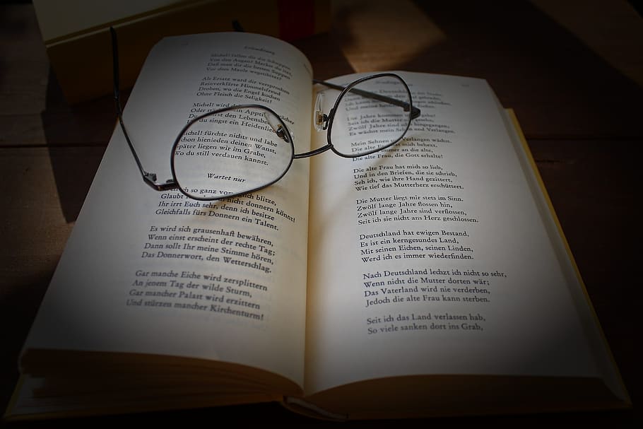 buku, puisi, daun, baca, kacamata, bernada, publikasi, di dalam ruangan, teks, terbuka