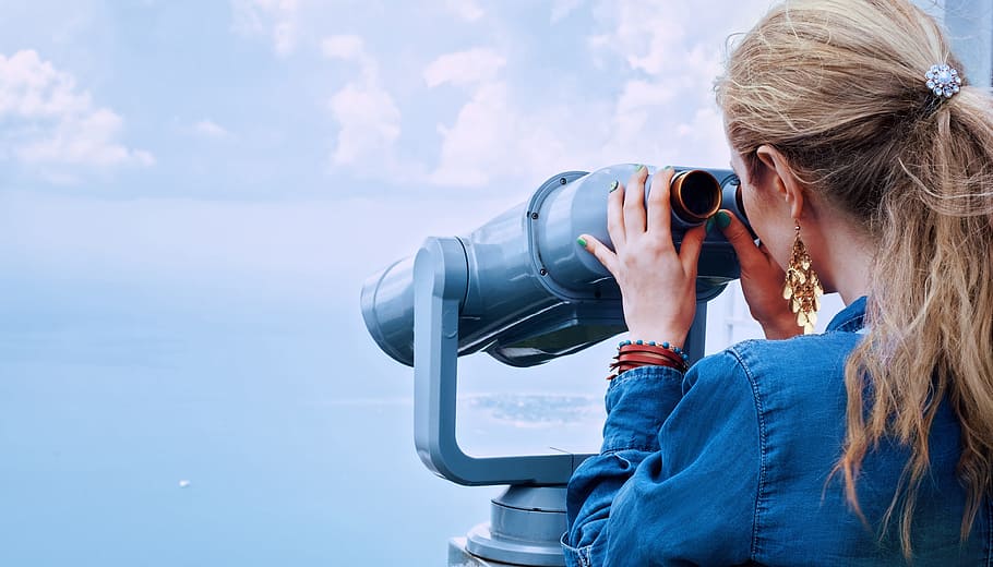 girl, woman, lady, human, activity, pose, portrait, binoculars, looking through an object, one person