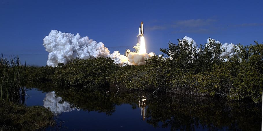 columbia, space, launch, shuttle, transport, mission, nasa, water, sky, tree