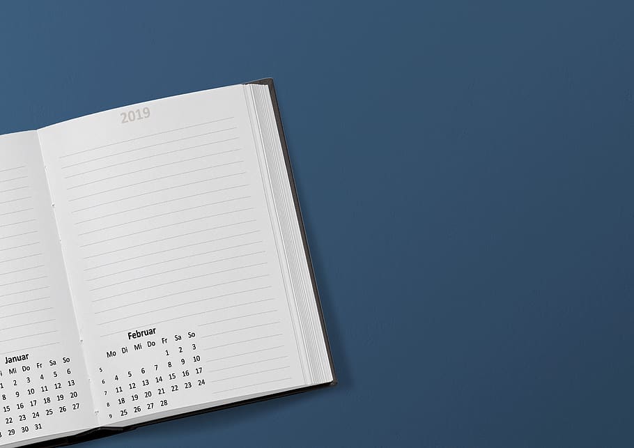 kalender, buku, 2019, tanggal, januari, februari, minggu, bulan, meja, agenda