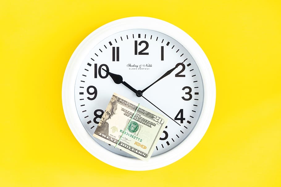 wall clock, white clock, time, money, dollars, time value of money, clock, studio shot, cut out, single object