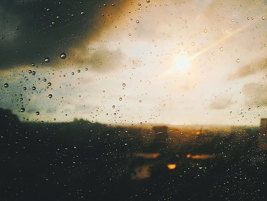 jendela, kaca, basah, air, tetesan hujan, sinar matahari, matahari terbit, matahari terbenam, kaca - bahan, transparan