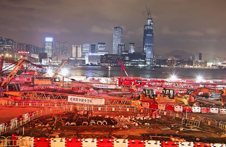 night view, construction building site, cranes, hong kong, Architecture, Asia, Construction, Crane, Equipment, Industrial