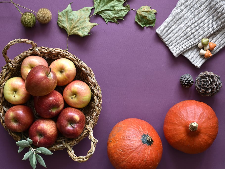 autumn, fall, season, fruit basket, food, apples, basket, fruit, pumpkins, still life