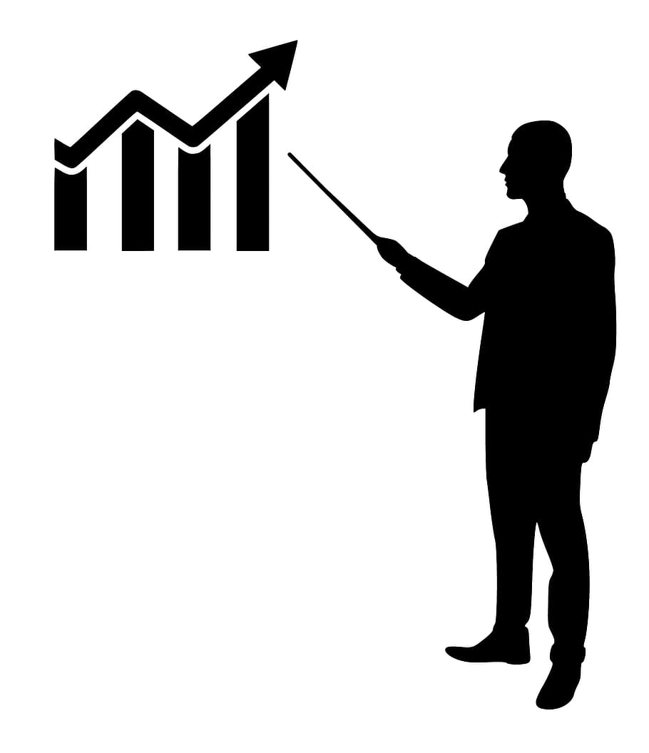 illustration, man, pointing, growing, bar chart, chart., presentation, financial, planning, meeting