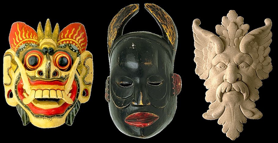 wooden, face, mask, carve, carved, object, figure, hide, black background, art and craft