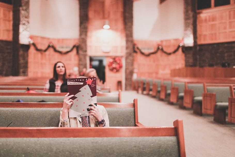 people, reading, book, woman, female, church, indoor, sitting, bench, pray