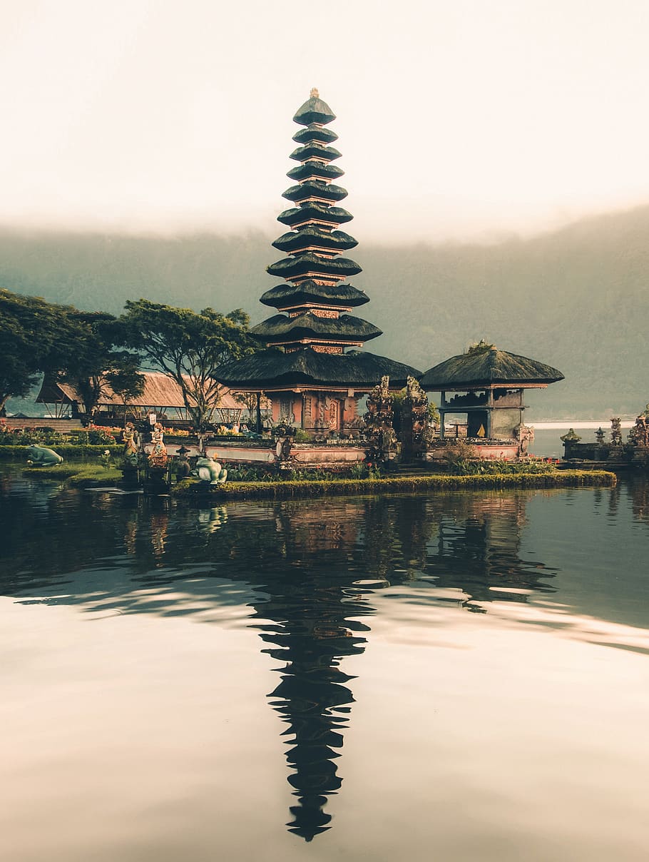 landscape, sky, clouds, bali, indonesia, temples, water, reflection, religion, built structure