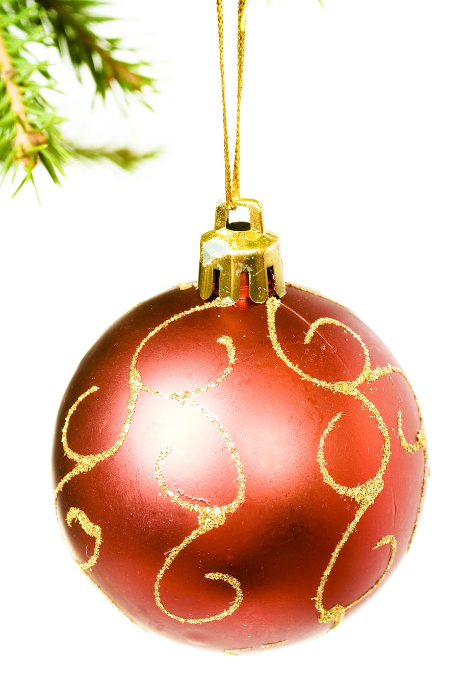 ball, branch, tree, ornament, red, green, pine, spruce, white, new