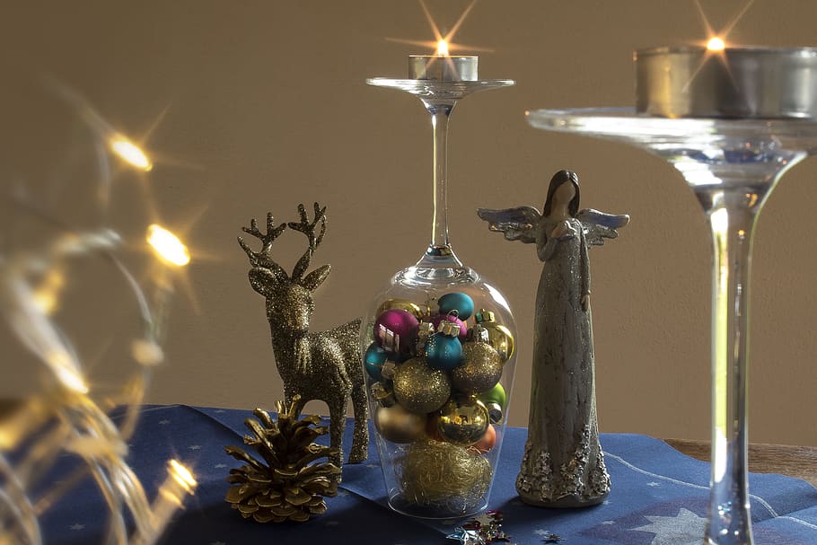 christmas, angel, gold deer, star, shining, light, balls, christmas ornaments, deco, atmospheric