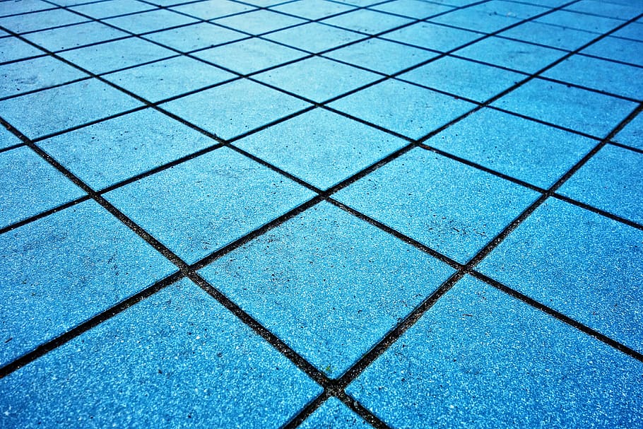 tile, ceramic, square, swimming pool, swimming pool floor, flooring, surface, blue tiles, perspective, geometric