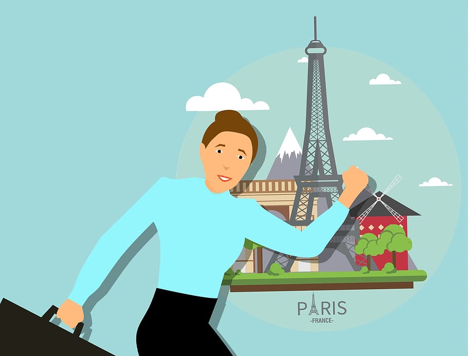 traveler, tas, landmark Perancis, landmark., ilustrasi, perjalanan dunia, perjalanan., Perancis, wanita perjalanan, menara eiffel
