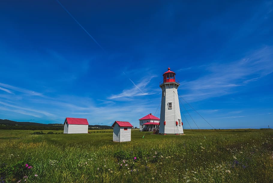 lighthouse, prairie, sky, landscape, side, island, islands of the madeleine, canada, built structure, architecture