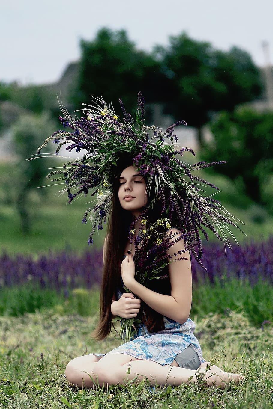 nature, grass, plants, flowers, violet, purple, people, woman, girl, lady