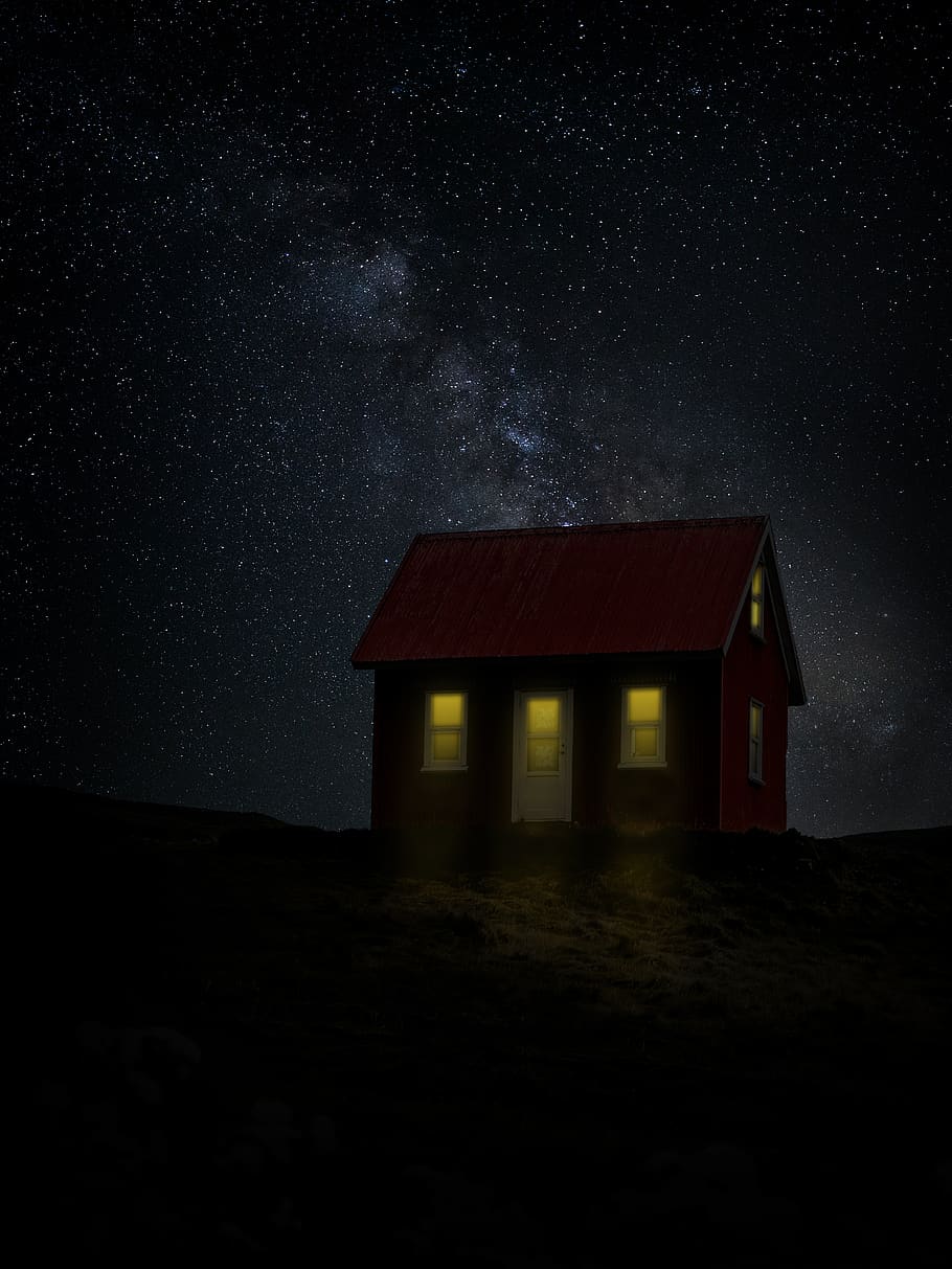 stars, starry, night, sky, dark, evening, house, cottage, hill, cabin