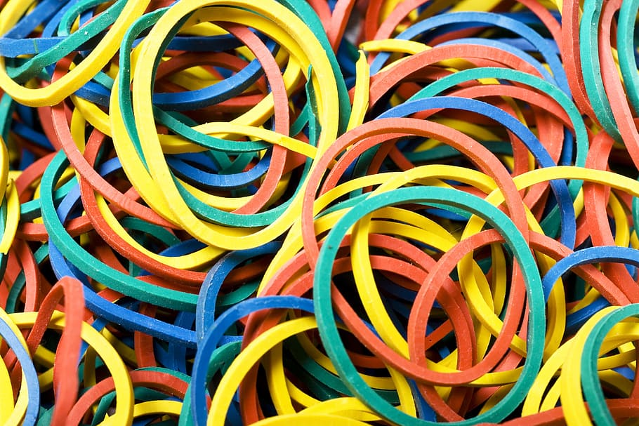 rubber, bands, heap, loop, object, office, pile, round, stretching, multi colored