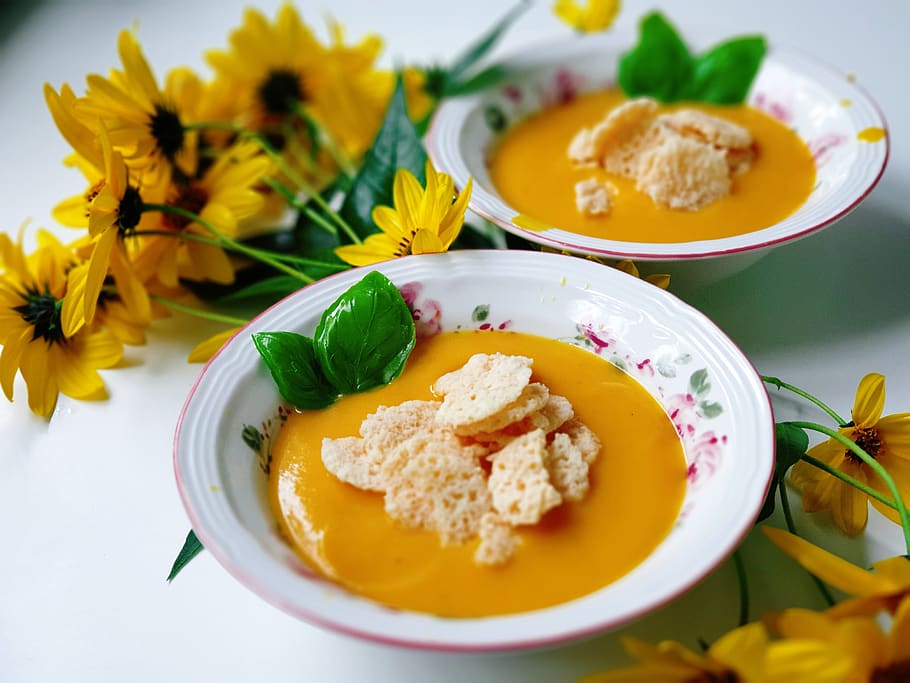 pumpkin, pumpkin soup, autumn, flowers, freshness, food and drink, food, ready-to-eat, healthy eating, bowl