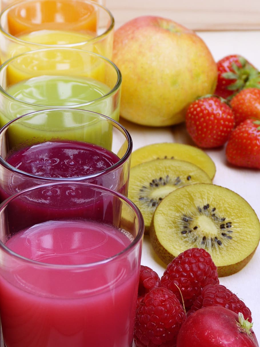 jus, smoothie, warna-warni, gelas, buah, segar, bio, detoksifikasi, kesehatan, pencegahan