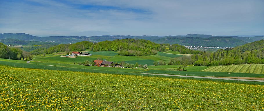 landscape, switzerland, aargau, hinterland, panorama, reported, fields, graze, hill, farm