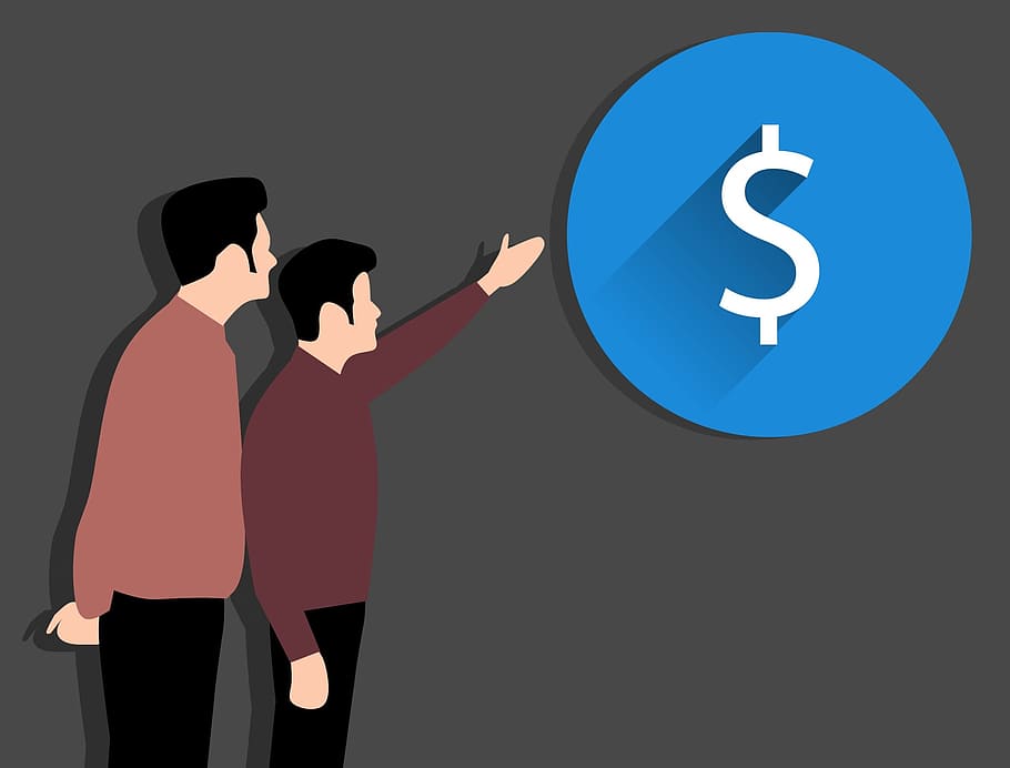 two, men, -, illustrated, looking, money sign icon, icon., money, dollar sign, dollar bill