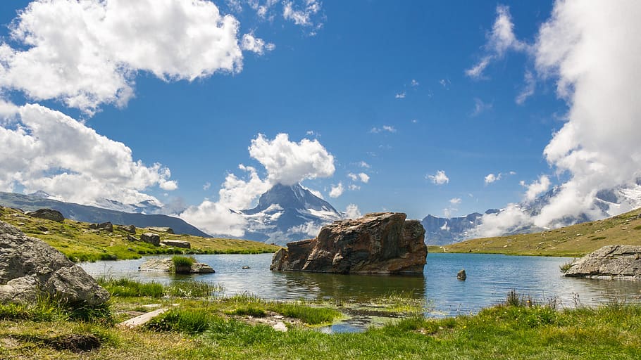 landscape, lake, mountains, sky, matterhorn, water, cloud - sky, beauty in nature, scenics - nature, day