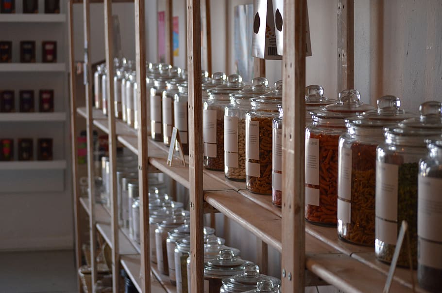 zero waste, plastic, environmental, green, indoors, shelf, in a row, bottle, container, research