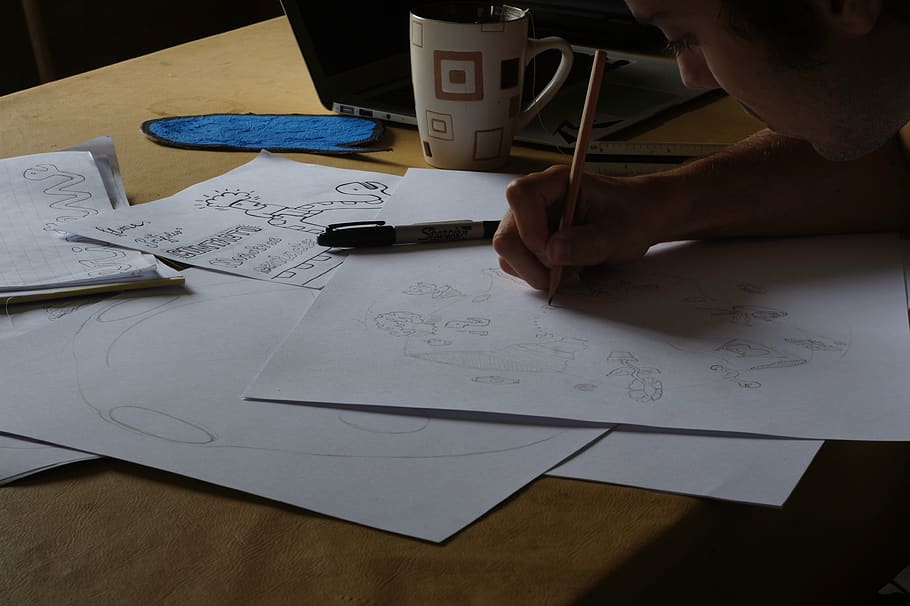 dibujo, imagen, diseño, bolígrafo, arte, bosquejo, una persona, papel, mesa, interiores