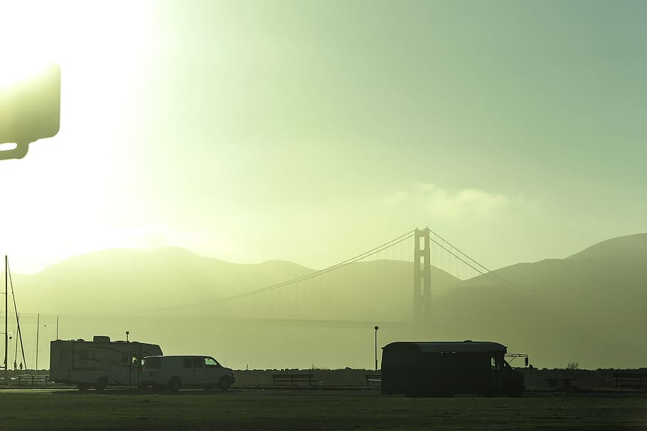 parking lot, haze, fog, distant, golden, gate bridge, bridge., bay, bridge, california
