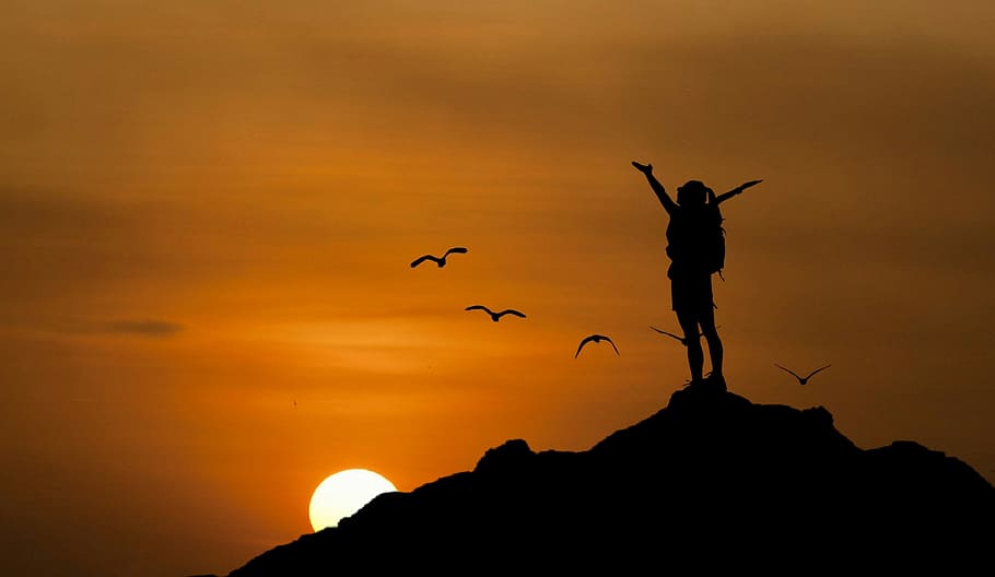 foto ilustração, pessoa, alcançado, topo, desafiador, escalar., caminhadas, pôr do sol, sol, pássaros