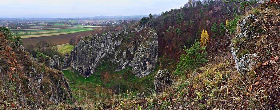 panorama, valle bolechowicka, valles cerca de cracovia, rocas, vista, paisaje, árbol, estado de ánimo, las piedras, cantos rodados
