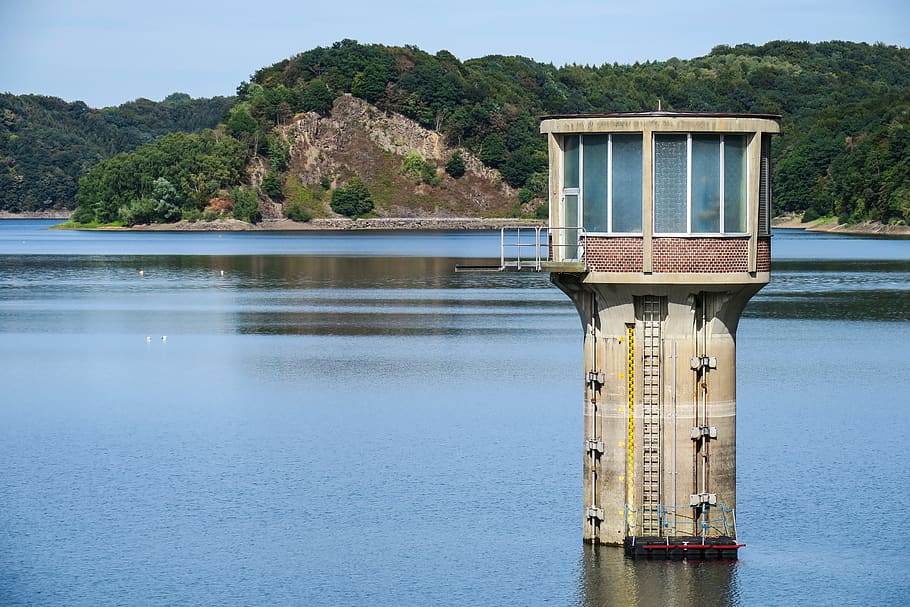 dam, reservoir, water withdrawal tower, drinking water, water supply, tower, delusion creek dam, lake, water, tree